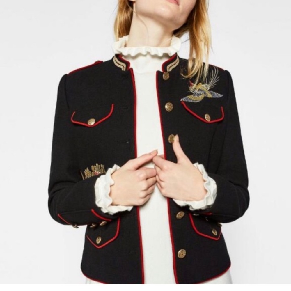 ZARA Black Embroidered Floral Bird Asian Print Military Jacket - Picture 16 of 16